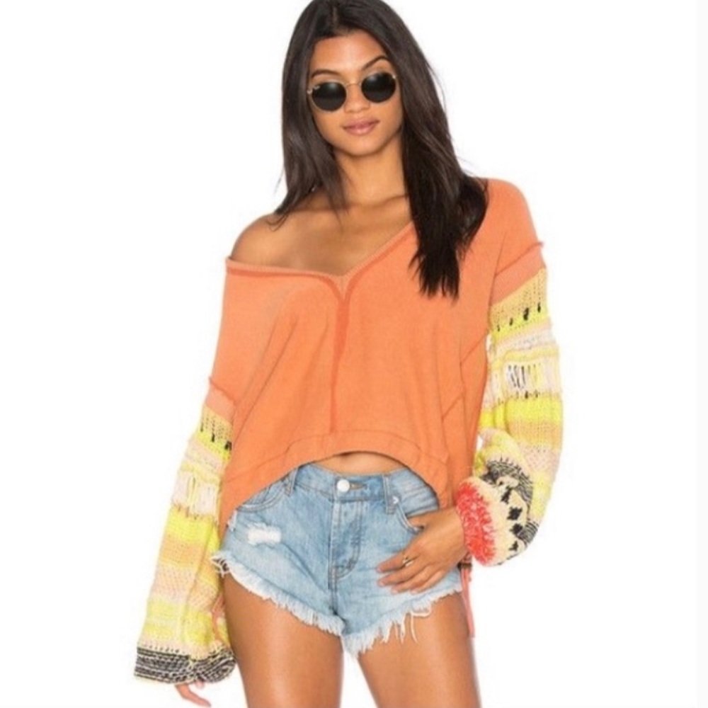 Free People Reminiscent Slouchy Mixed Media Knit Crochet Boho Sweater Sz S